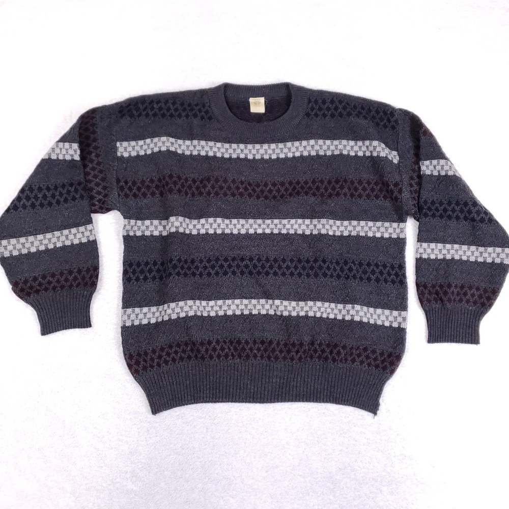 Vintage CV Vieira Striped Sweater Men L Geometric Knit Pullover Gray Grandpacore